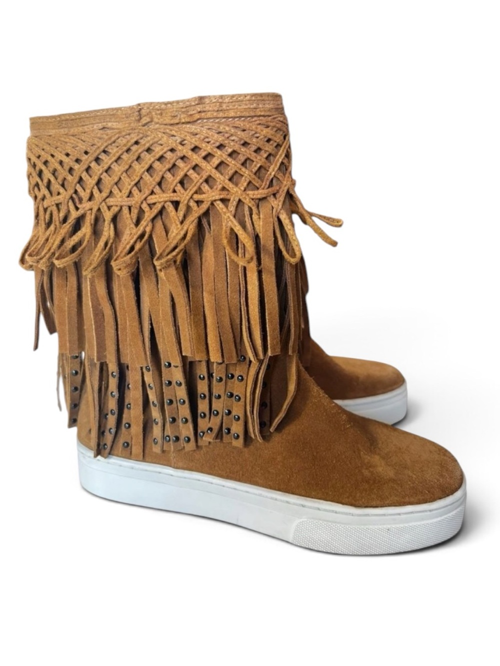SCHUTZ Suede Leather Looped Studded Fringe Ankle Boots